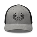 Mens heather black deer hunting trucker hat with Ghost Rack antler logo on the front