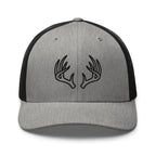 Mens heather black deer hunting trucker hat with Ghost Rack antler logo on the front