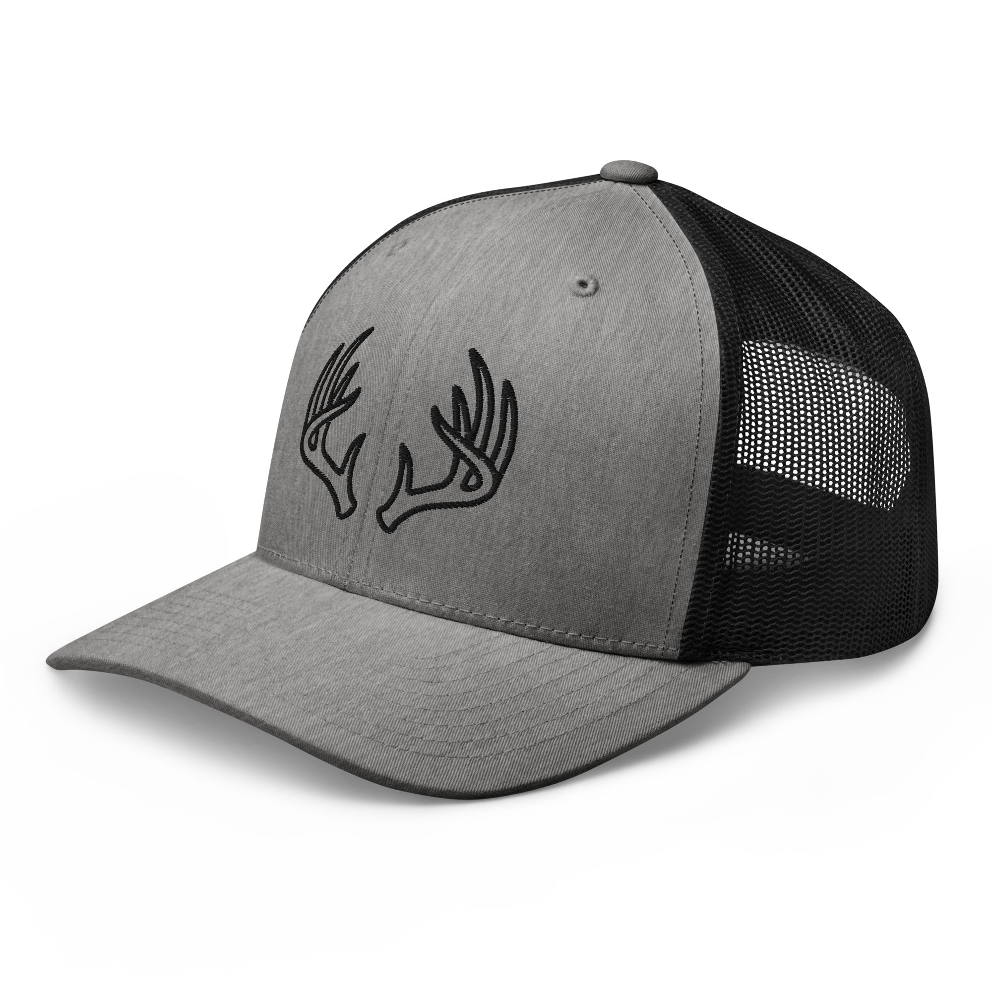 Mens heather black deer hunting snapback hat showing mesh side panel and adjustable closure