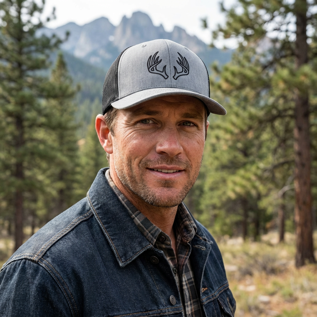 Man outdoors wearing a mens heather black Ghost Rack deer hunting trucker hat with antler logo on the front
