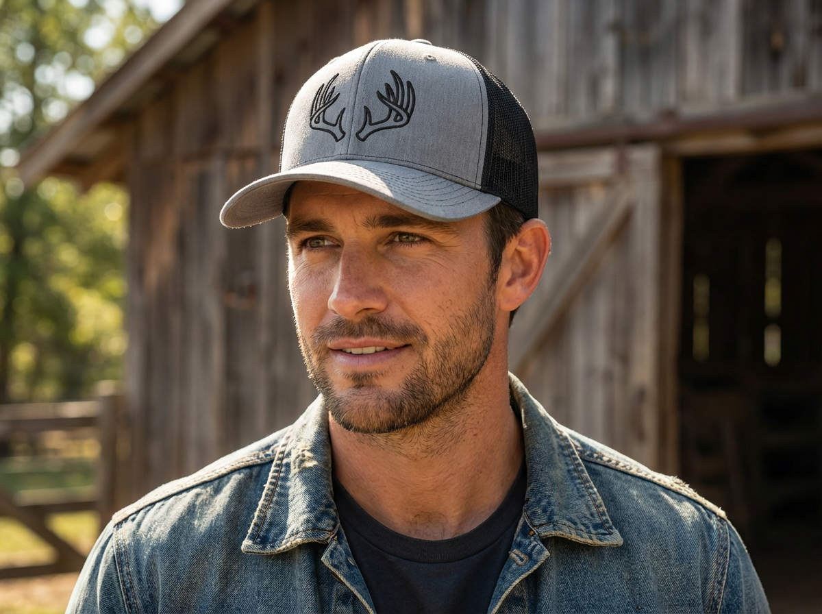Man outdoors wearing a mens heather black Ghost Rack deer hunting snapback hat showing mesh side panel and adjustable closure