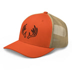 Mens rustic orange deer hunting snapback trucker hat showing khaki mesh side panel and adjustable closure