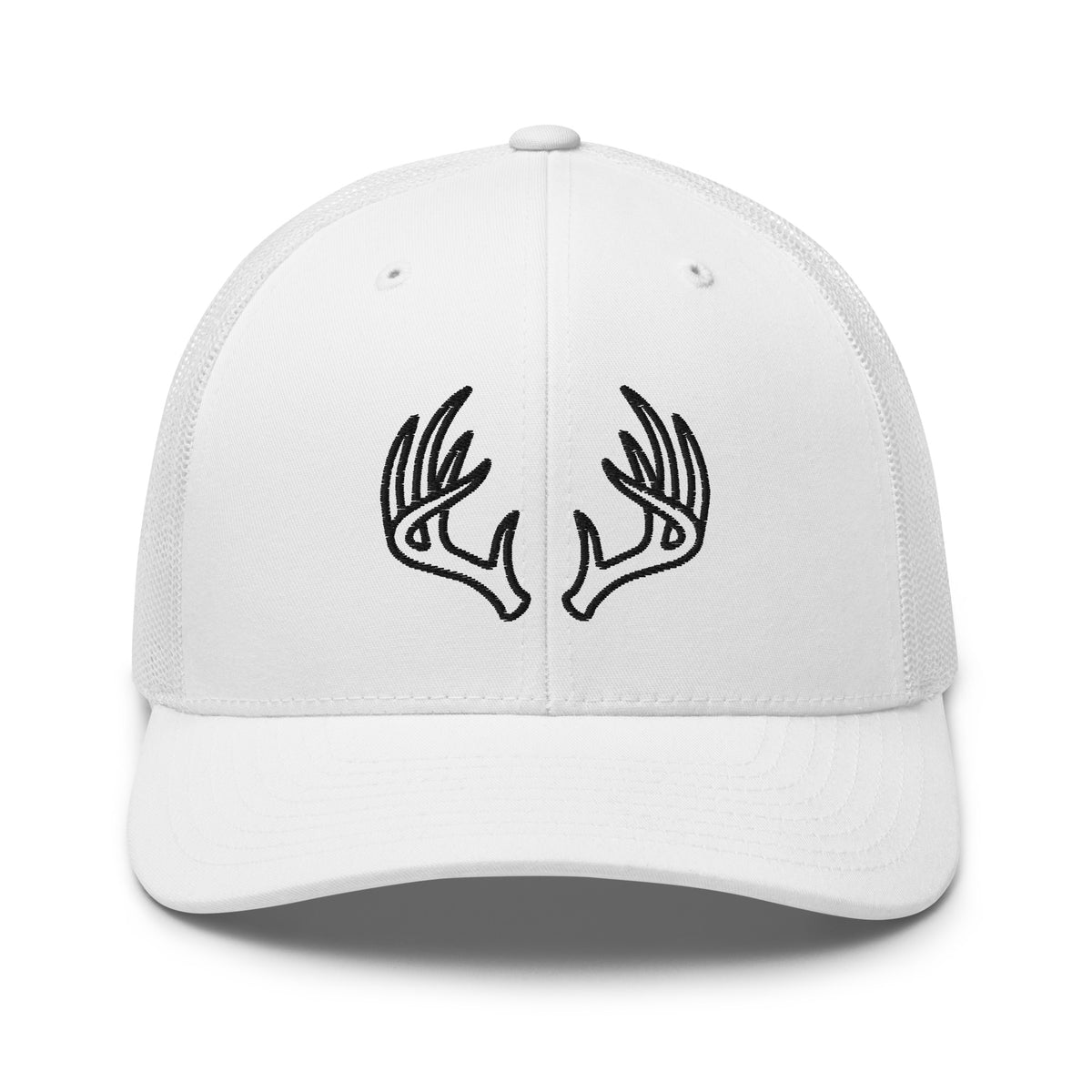 Mens white deer hunting trucker hat with black Ghost Rack antler logo on the front