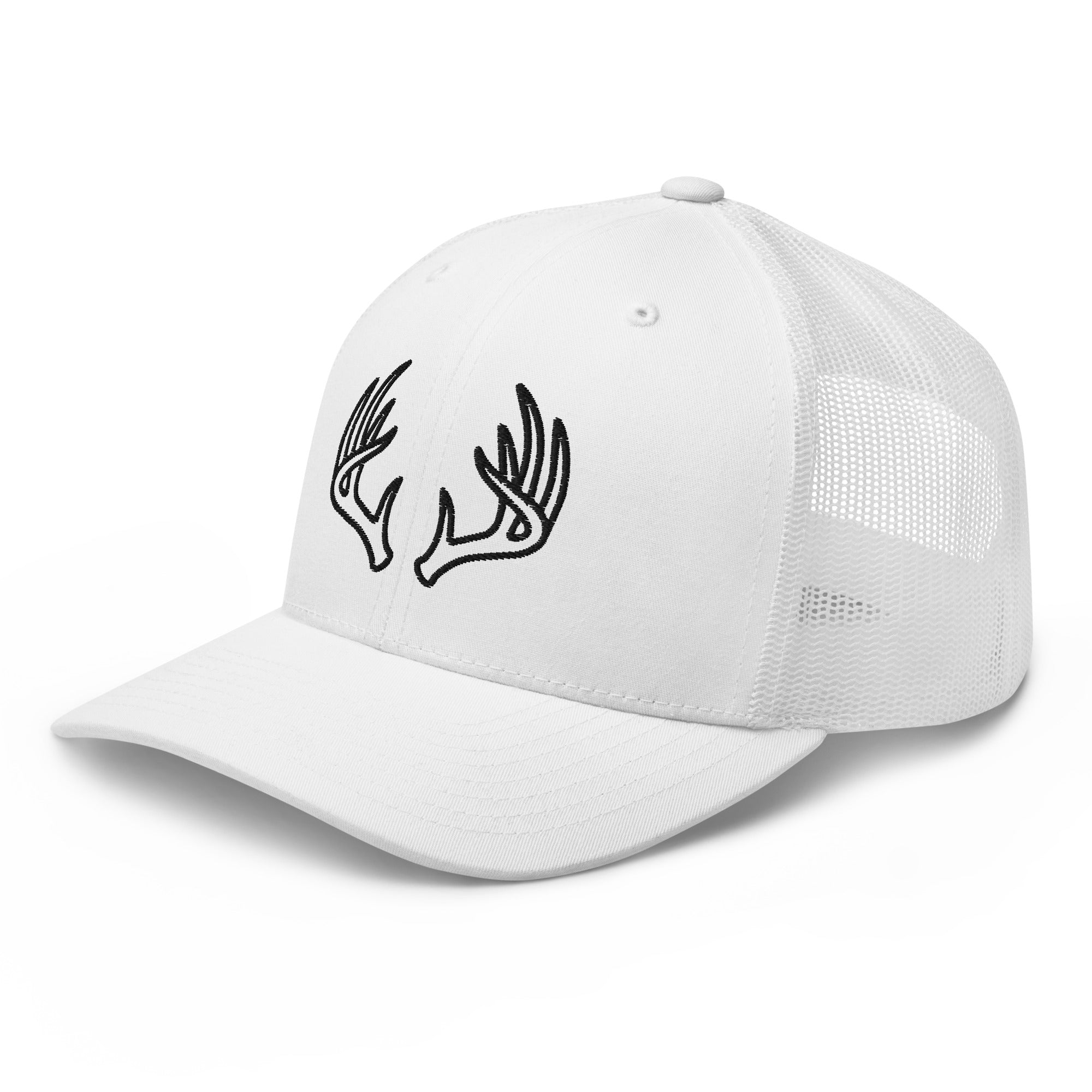 Mens white deer hunting snapback hat showing mesh side and adjustable closure