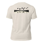 Men's Drift Line Goose Tee in Heather Dust featuring flying geese and marsh horizon drift scene