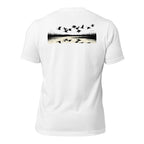 Men's Drift Line Goose Tee in Solid White Blend showing geese flying over marsh horizon with reflection graphic