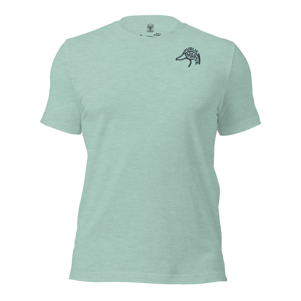 Men's Drift Line Waterfowl Tee in Heather Prism Dusty Blue with Public Marsh chest emblem