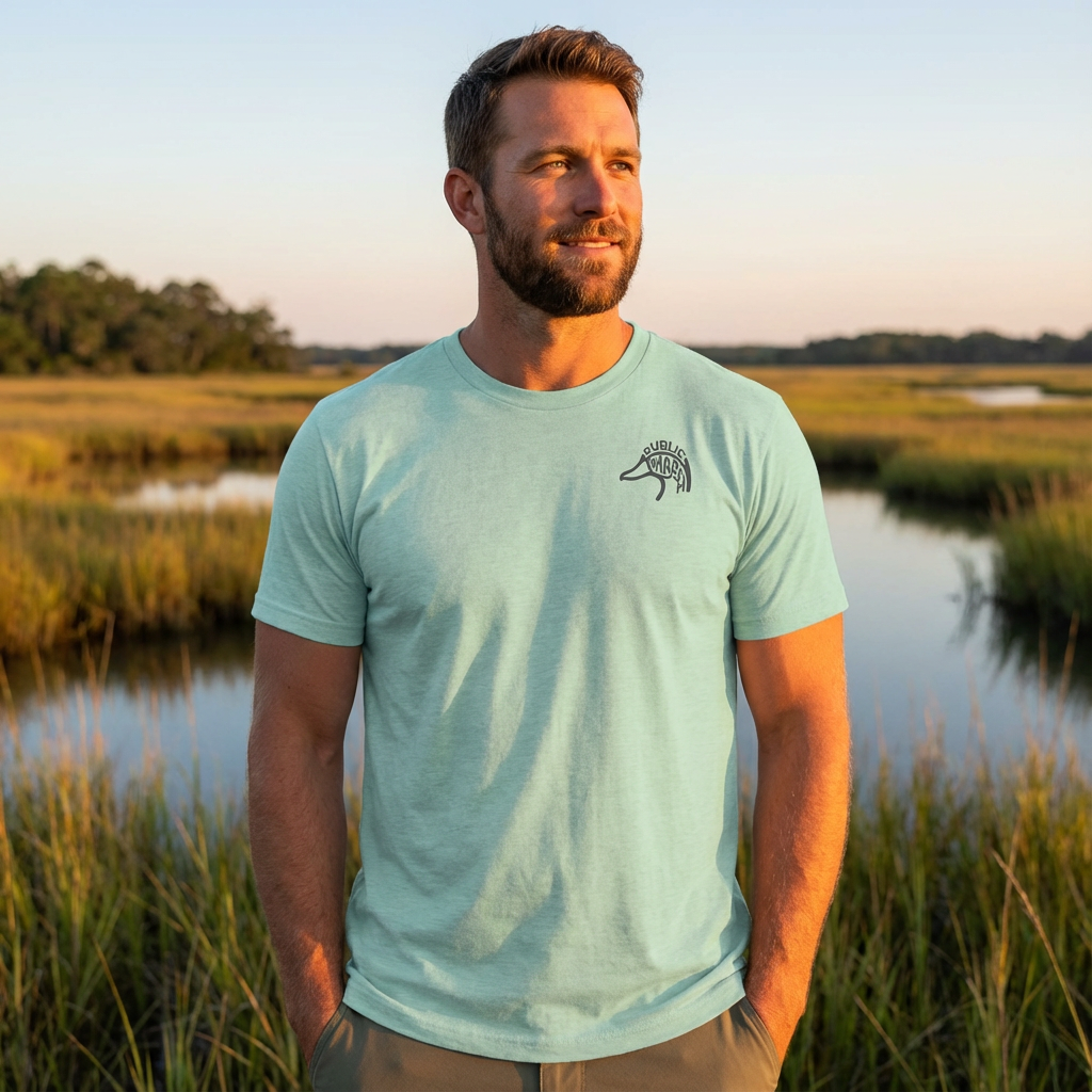 Man outdoors wearing the Men's Drift Line Waterfowl Tee in Heather Prism Dusty Blue front view with Public Marsh emblem