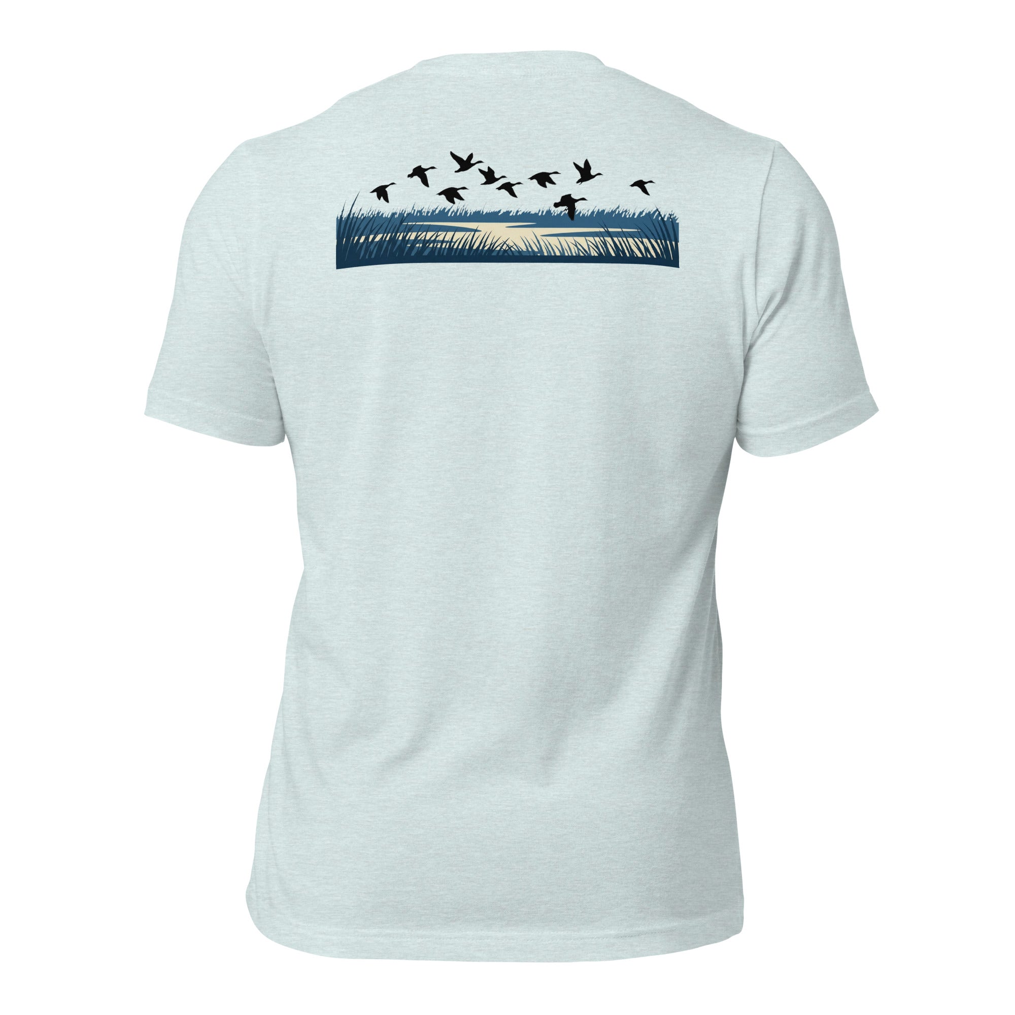 Men's Drift Line Waterfowl Tee in Heather Prism Ice Blue with ducks flying over marsh grass and waterline graphic