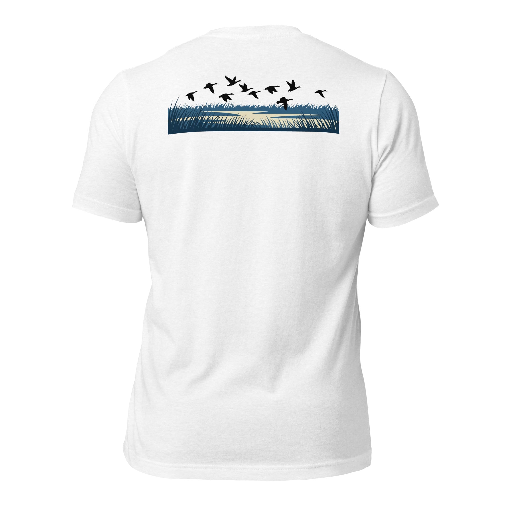 Men's Drift Line Waterfowl Tee in Solid White Blend showing drifting ducks over marsh horizon artwork