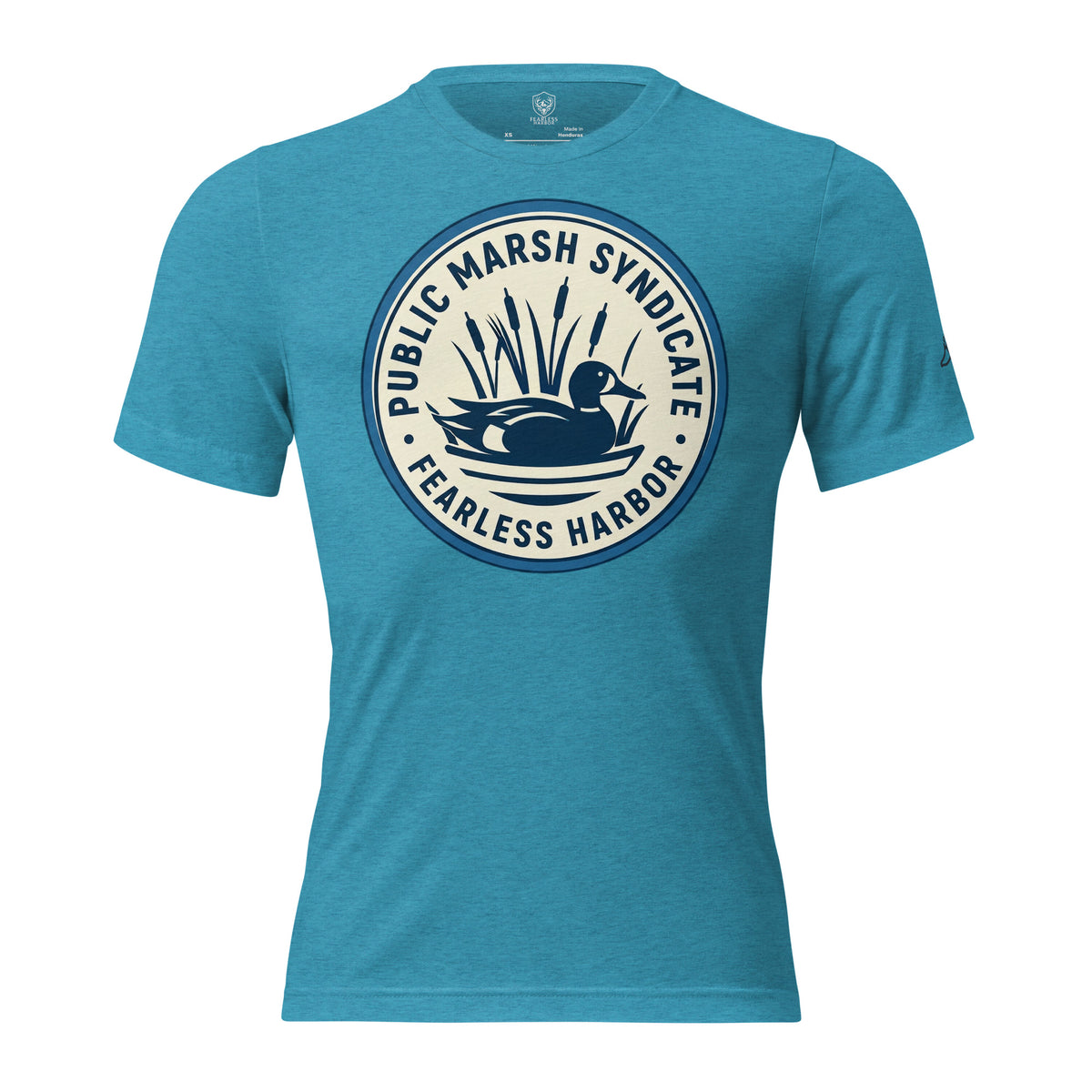 Mens aqua triblend duck hunting shirt with blue wing teal Public Marsh Syndicate chest mark