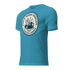 Mens aqua triblend duck hunting tee showing the Public Marsh Syndicate sleeve logo for teal hunters