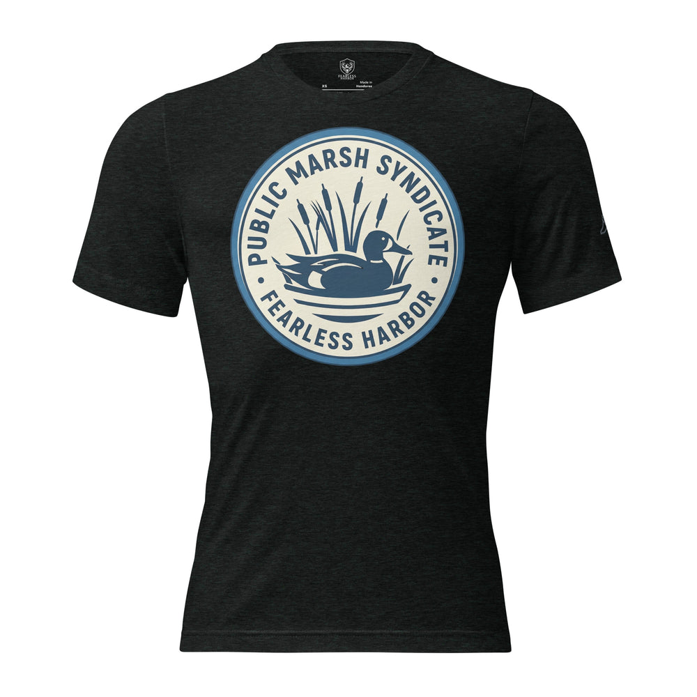 Mens charcoal black duck hunting shirt with Public Marsh Syndicate blue wing teal chest logo