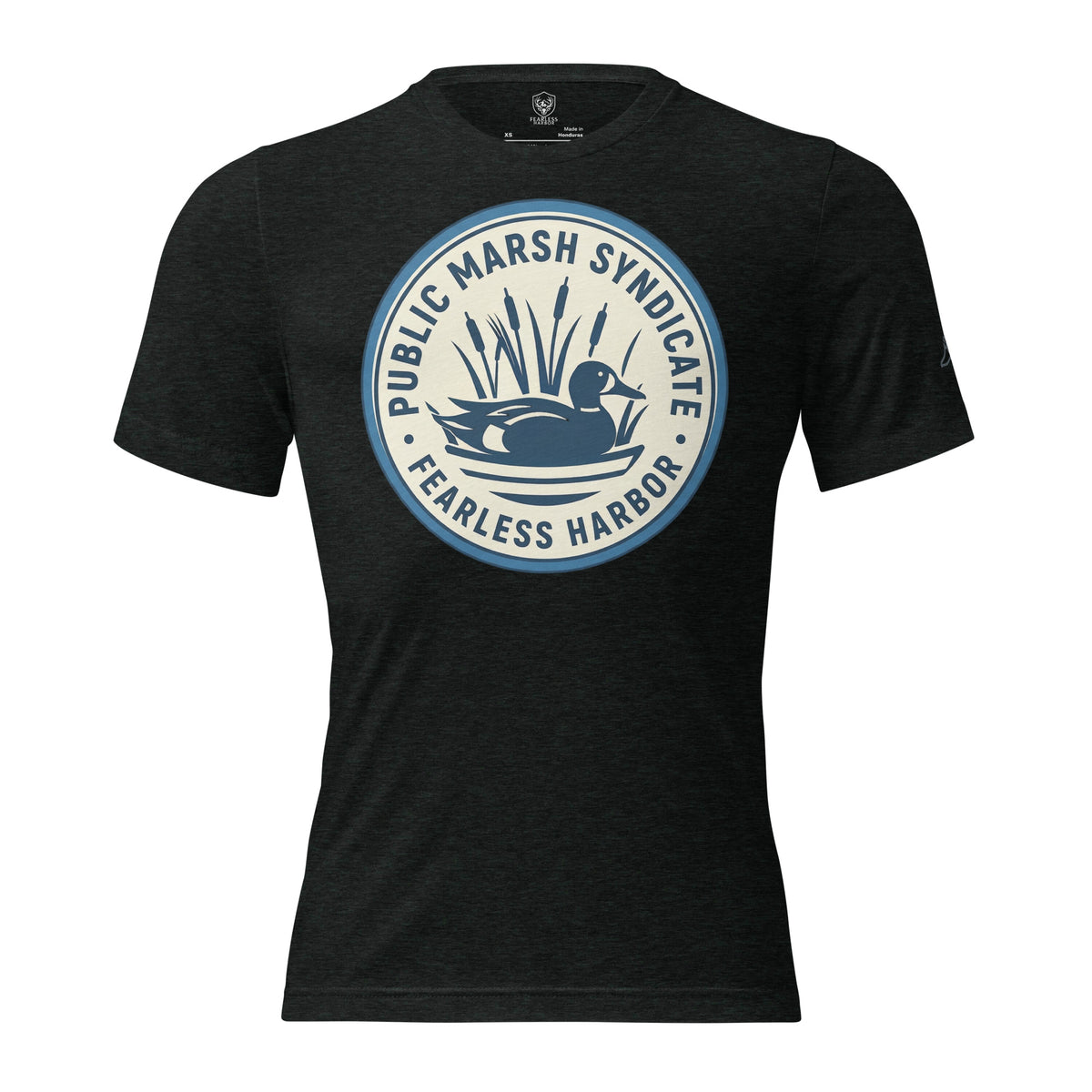 Mens charcoal black duck hunting shirt with Public Marsh Syndicate blue wing teal chest logo