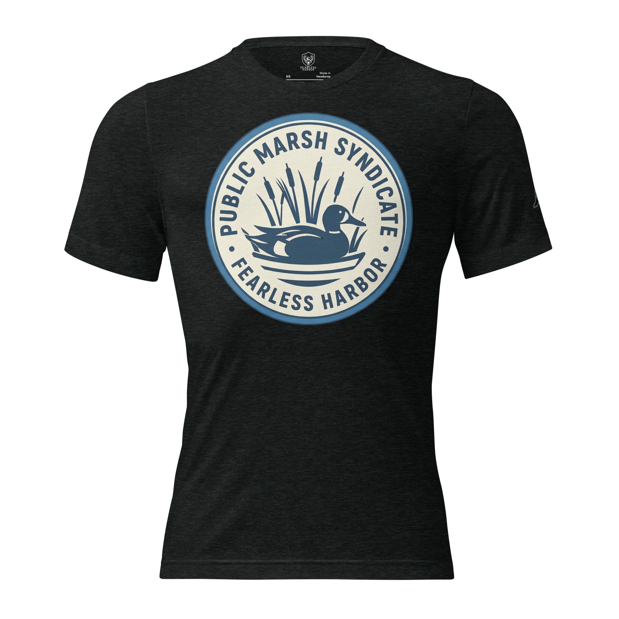 Mens charcoal black duck hunting shirt with Public Marsh Syndicate blue wing teal chest logo