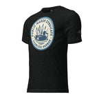 Mens charcoal black duck hunting tee showing Public Marsh Syndicate sleeve emblem for public marsh hunters