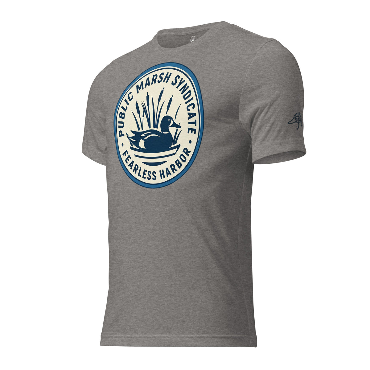 Mens grey triblend duck hunting tee showing Public Marsh Syndicate sleeve mark for public land waterfowlers