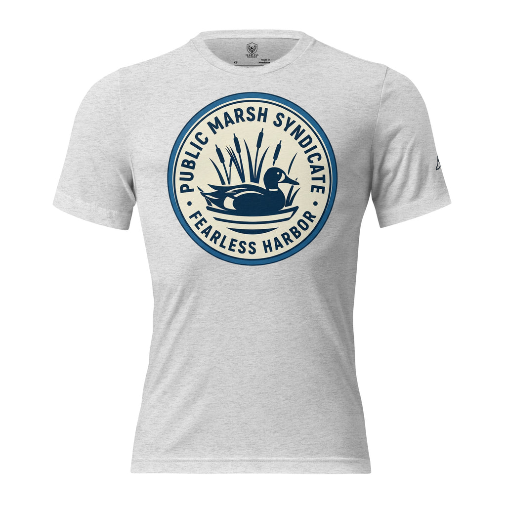 Mens white fleck duck hunting shirt with Public Marsh Syndicate blue wing teal chest logo