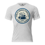 Mens white fleck duck hunting shirt with Public Marsh Syndicate blue wing teal chest logo