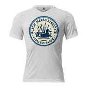 Mens white fleck duck hunting shirt with Public Marsh Syndicate blue wing teal chest logo