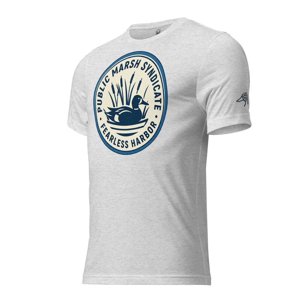 Mens white fleck duck hunting tee showing Public Marsh Syndicate sleeve emblem