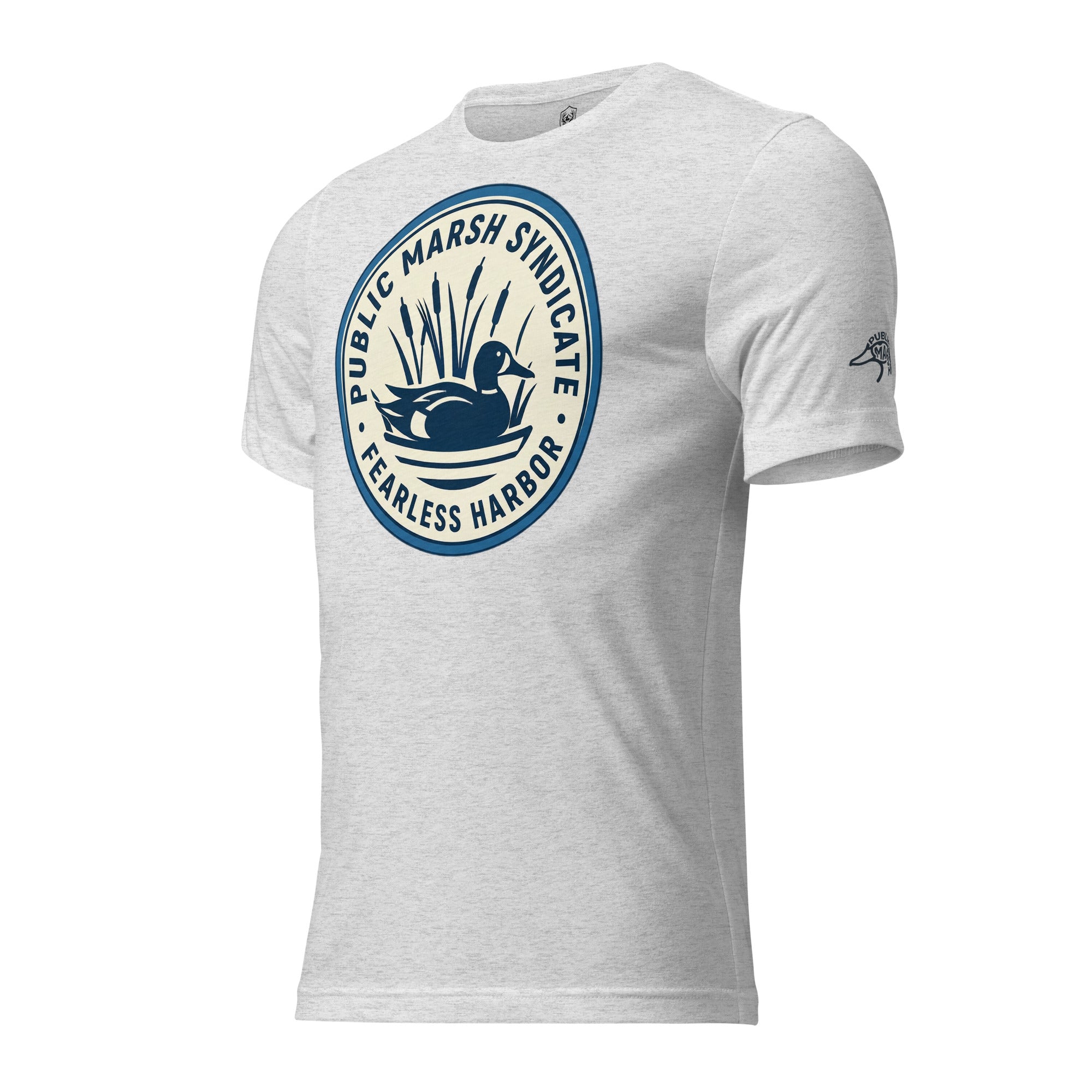 Mens white fleck duck hunting tee showing Public Marsh Syndicate sleeve emblem