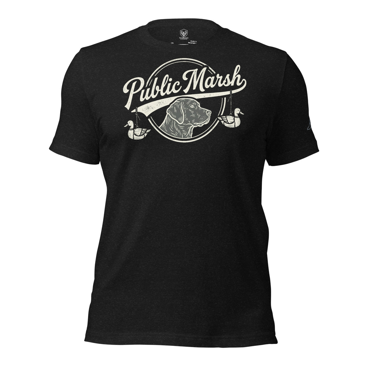 Mens heather black duck hunting shirt with Public Marsh retriever and duck artwork