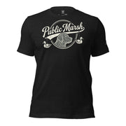 Mens heather black duck hunting shirt with Public Marsh retriever and duck artwork