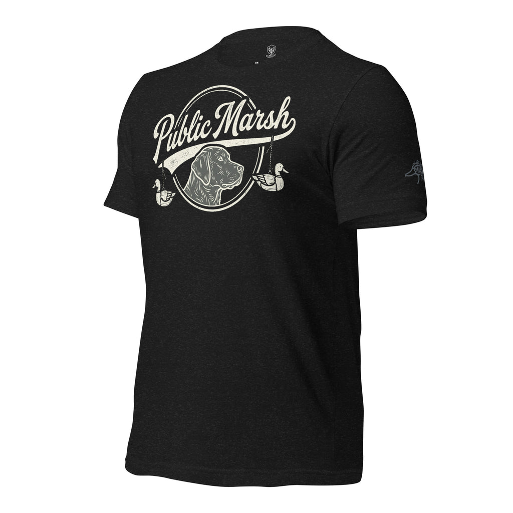 Mens heather black duck hunting tee showing the Public Marsh sleeve emblem