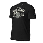 Mens heather black duck hunting tee showing the Public Marsh sleeve emblem