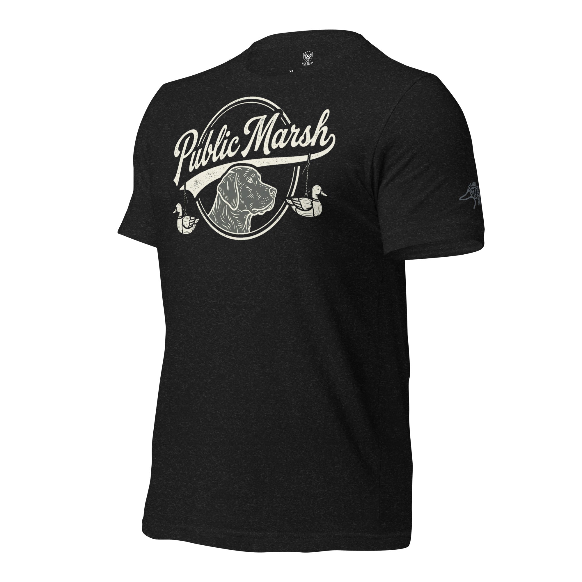 Mens heather black duck hunting tee showing the Public Marsh sleeve emblem
