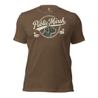 Mens heather brown duck hunting shirt featuring the Public Marsh retriever and duck artwork