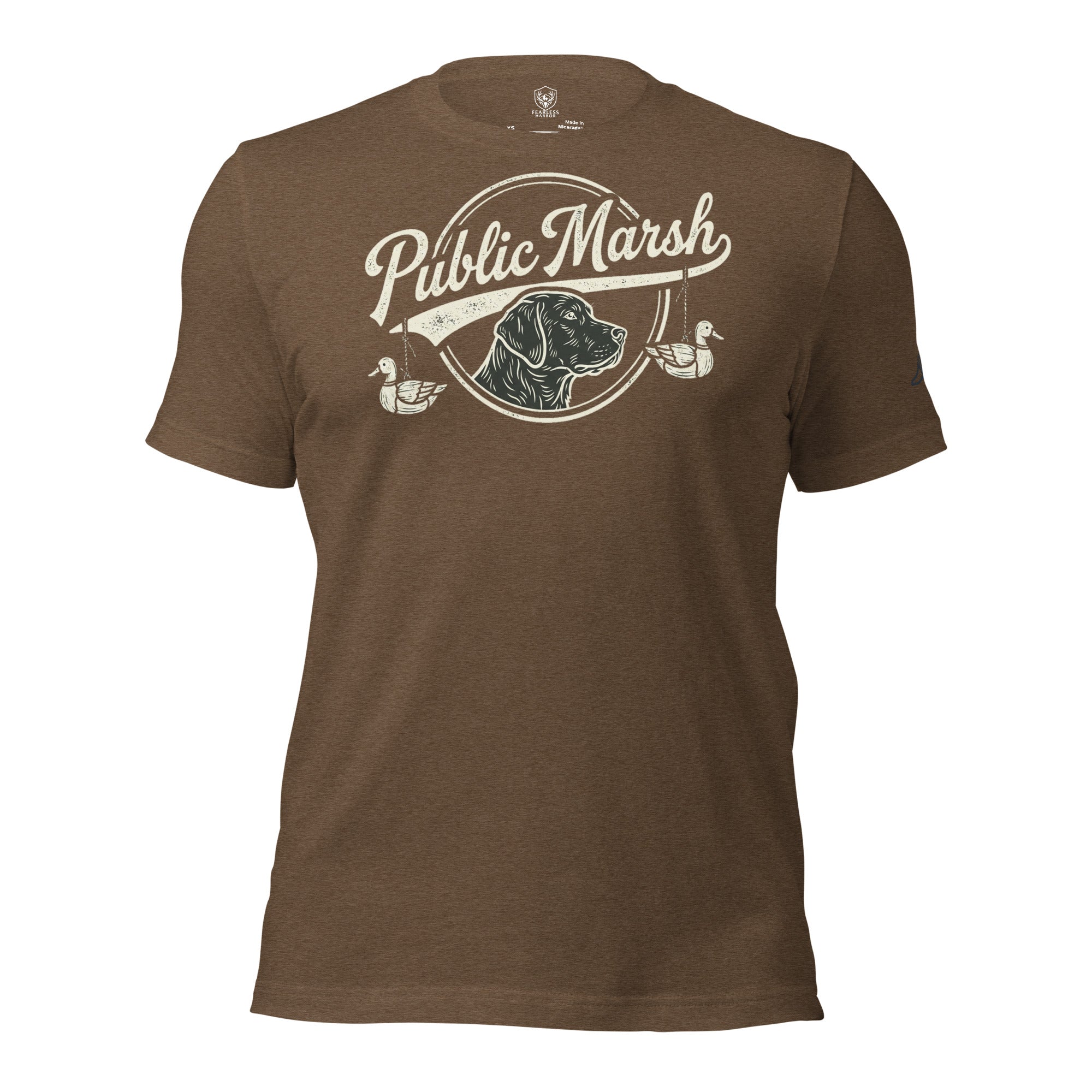 Mens heather brown duck hunting shirt featuring the Public Marsh retriever and duck artwork