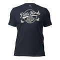 Mens heather navy duck hunting shirt with Public Marsh retriever and decoy duck chest graphic