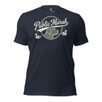 Mens heather navy duck hunting shirt with Public Marsh retriever and decoy duck chest graphic