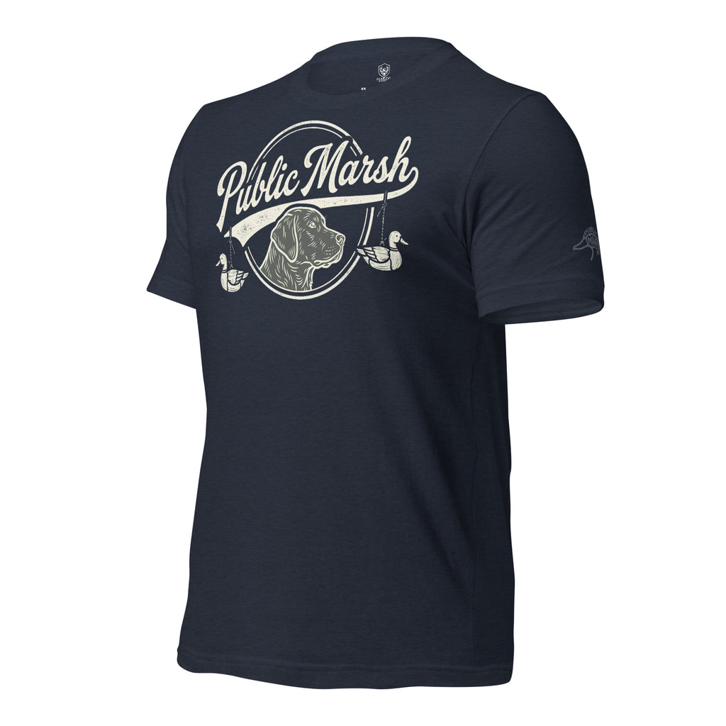 Mens heather navy duck hunting tee showing the Public Marsh sleeve logo for public land hunters