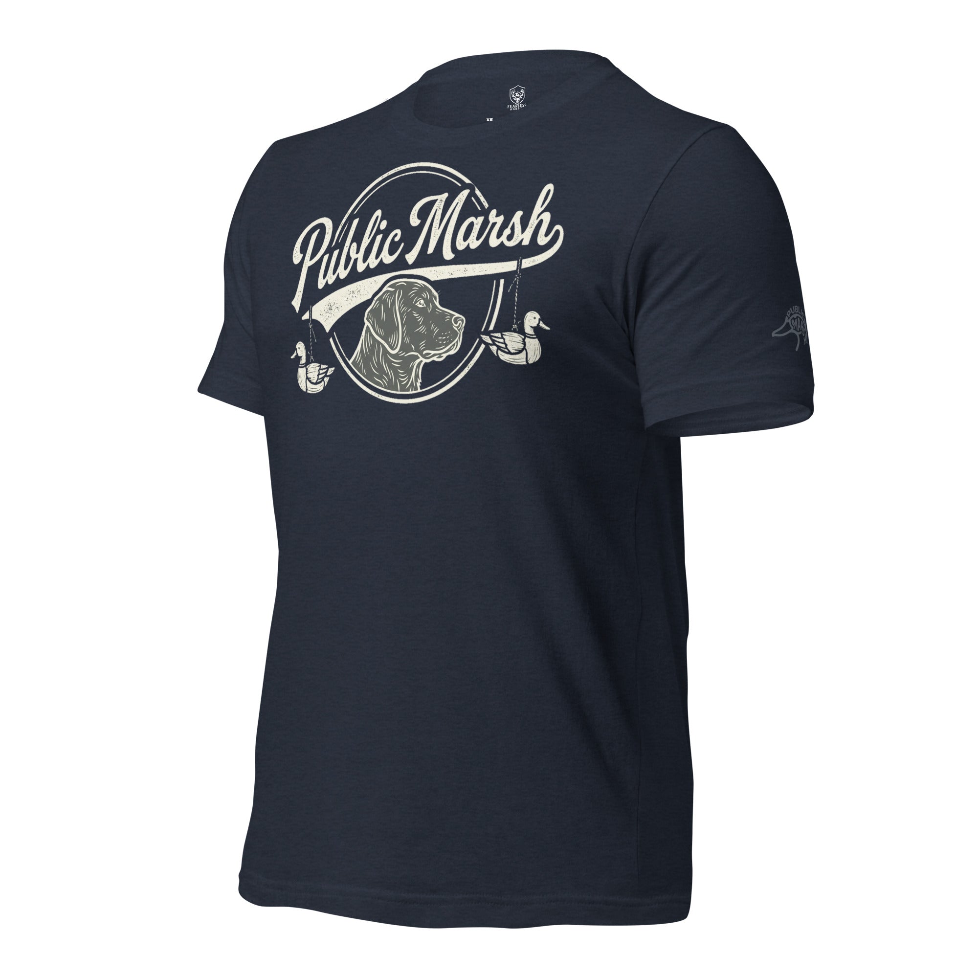 Mens heather navy duck hunting tee showing the Public Marsh sleeve logo for public land hunters