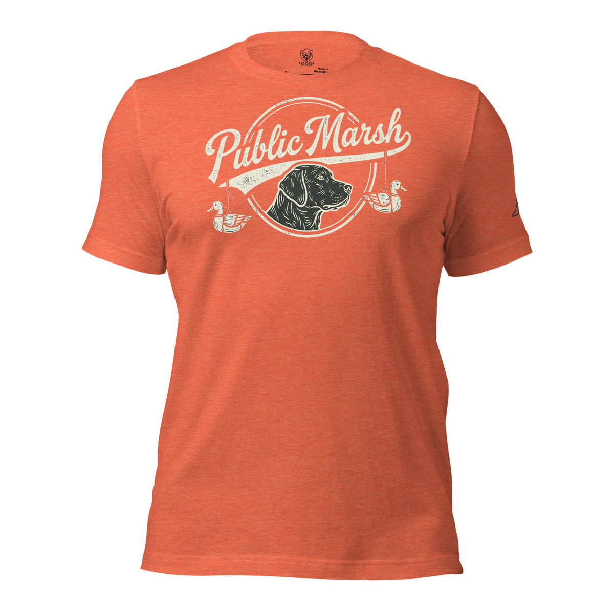 Mens heather orange duck hunting shirt with retriever and duck artwork on the chest