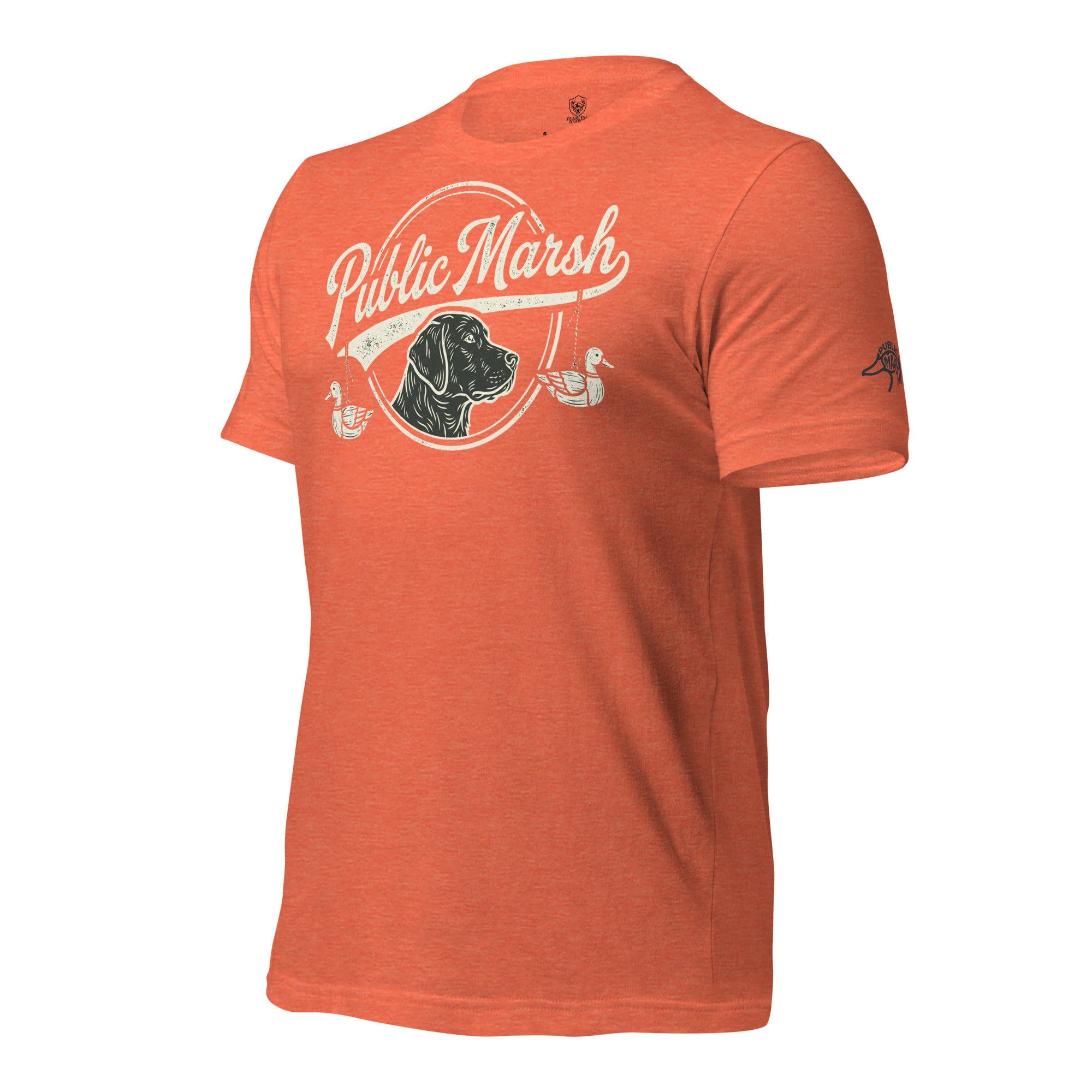 Mens heather orange duck hunting tee showing the Public Marsh sleeve emblem