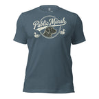 Mens heather slate duck hunting shirt with Public Marsh retriever and duck chest design