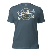Mens heather slate duck hunting shirt with Public Marsh retriever and duck chest design
