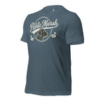 Mens heather slate duck hunting tee showing the Public Marsh sleeve mark