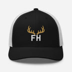 Mens black white elk hunting trucker hat with gold elk crest and FH lettering on the front