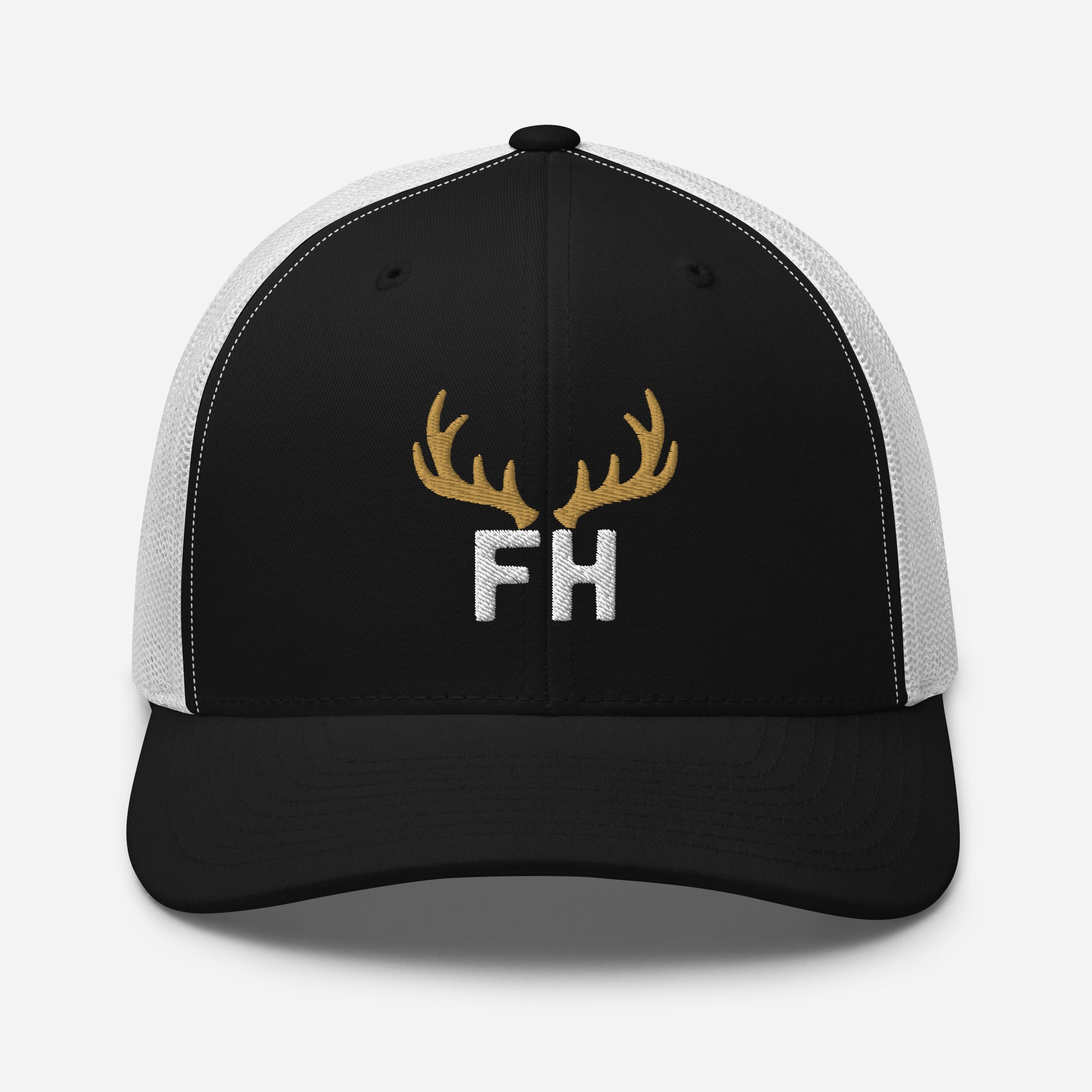 Mens black white elk hunting trucker hat with gold elk crest and FH lettering on the front
