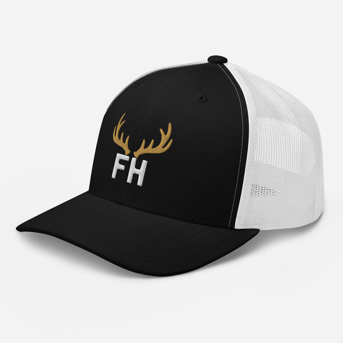 Mens black white elk hunting snapback hat showing white mesh side panel and adjustable closure