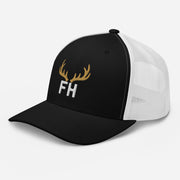 Mens black white elk hunting snapback hat showing white mesh side panel and adjustable closure