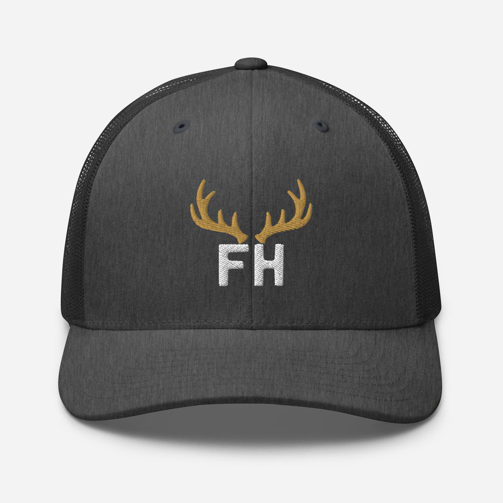 Mens dark heather gray elk hunting trucker hat with gold elk crest and FH lettering embroidered on the front