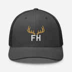 Mens dark heather gray elk hunting trucker hat with gold elk crest and FH lettering embroidered on the front