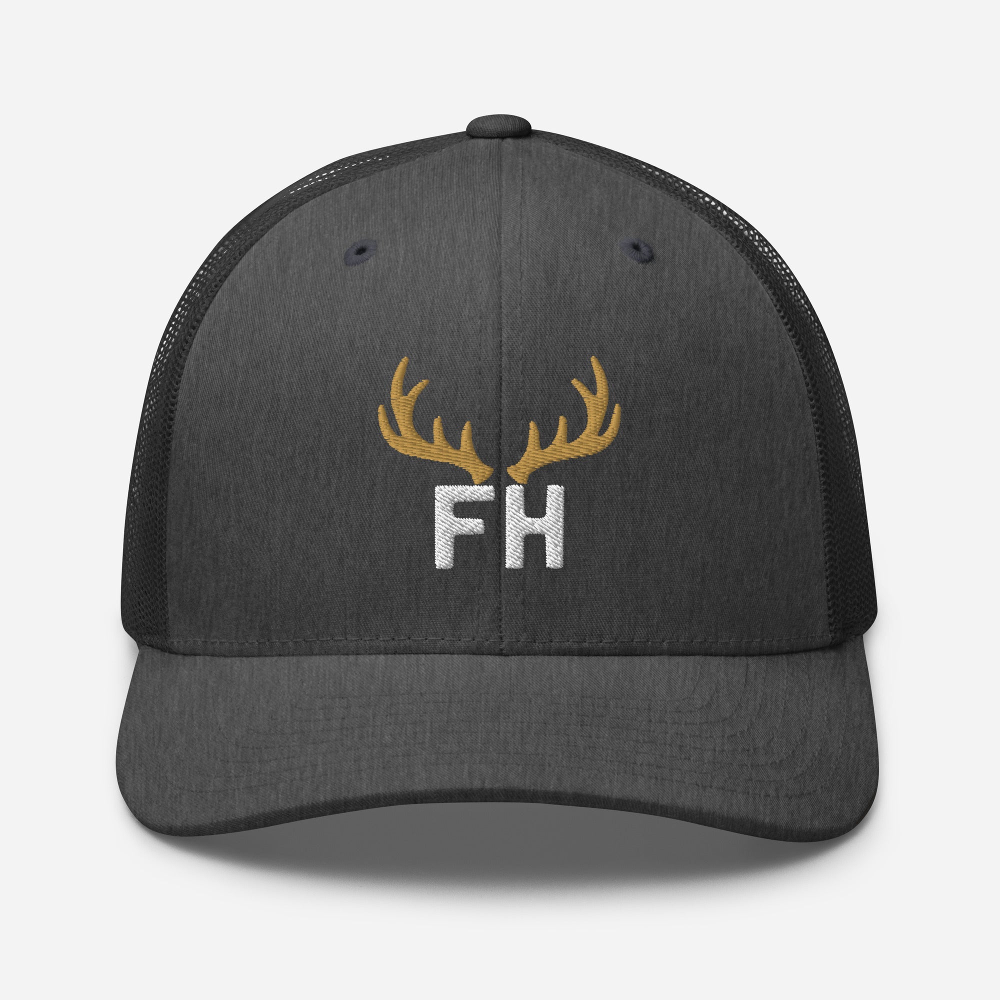 Mens dark heather gray elk hunting trucker hat with gold elk crest and FH lettering embroidered on the front