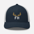 Mens navy white elk hunting trucker hat with embroidered elk crest and FH mark on the front